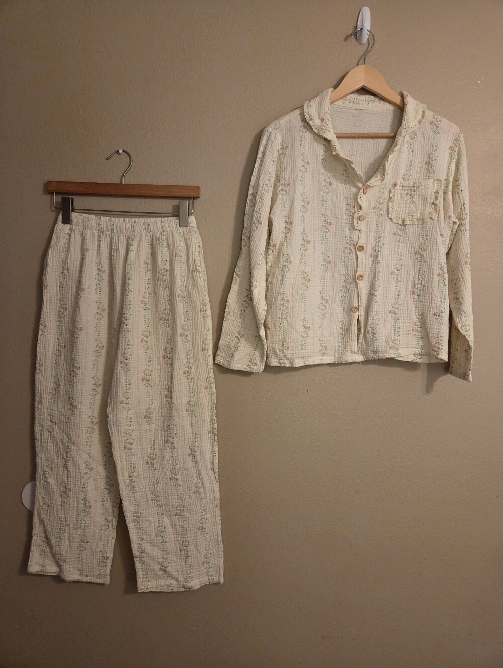 CODCM Cottagecore Floral Cotton Muslin 2 Piece Shirt & Pants Set Pajamas Women's